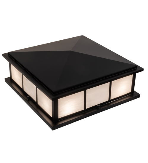 Meyda Lighting Seneca 20"Sq 4-Light Satin Black Wrought Iron Double Bar Mission Outdoor Pier Mount Light With White Shade Glass
