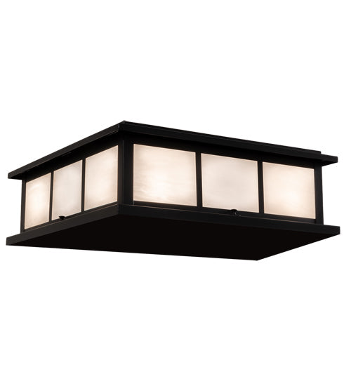 Meyda Lighting Seneca 20"Sq 4-Light Satin Black Wrought Iron Double Bar Mission Outdoor Pier Mount Light With White Shade Glass