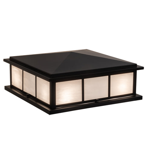 Meyda Lighting Seneca 20"Sq 4-Light Satin Black Wrought Iron Double Bar Mission Outdoor Pier Mount Light With White Shade Glass
