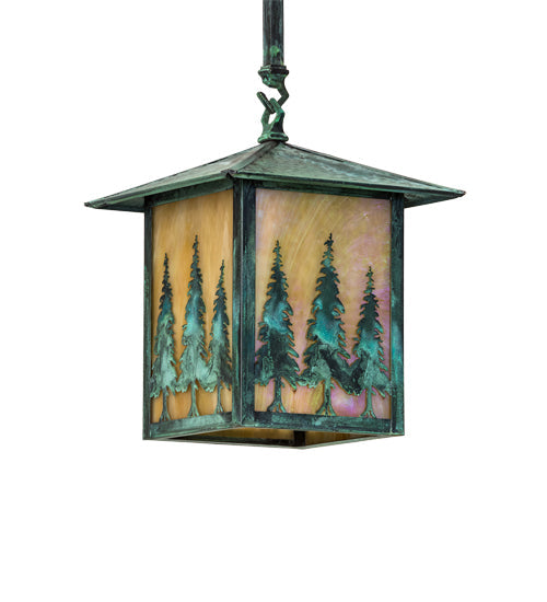 Meyda Lighting Seneca 229695 13" Craftsman Verdigris Tall Pines Pendant Light With Beige Iridescent Shade Glass