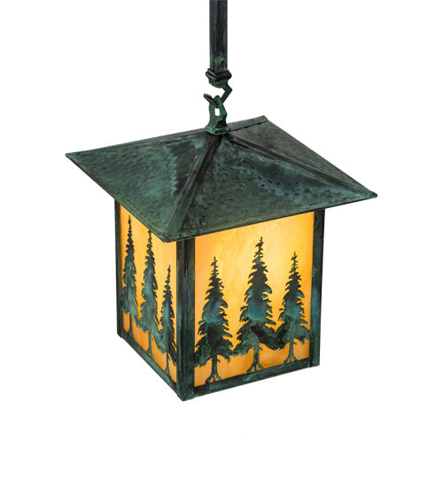 Meyda Lighting Seneca 229695 13" Craftsman Verdigris Tall Pines Pendant Light With Beige Iridescent Shade Glass