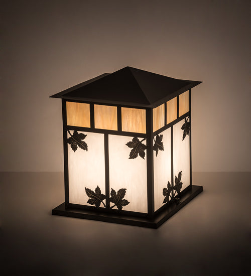 Meyda Lighting Seneca 23" 2-Light Craftsman Brown Maple Leaf Outdoor Pier Mount Light With Beige & White Iridescent Shade Glass