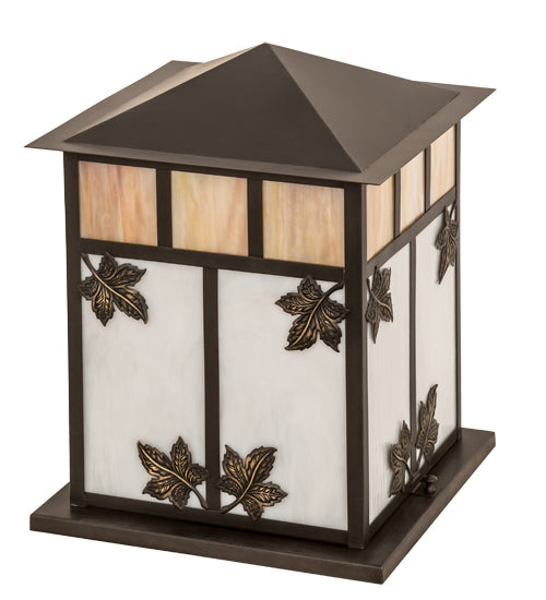 Meyda Lighting Seneca 23" 2-Light Craftsman Brown Maple Leaf Outdoor Pier Mount Light With Beige & White Iridescent Shade Glass