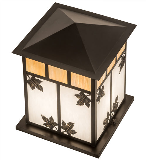 Meyda Lighting Seneca 23" 2-Light Craftsman Brown Maple Leaf Outdoor Pier Mount Light With Beige & White Iridescent Shade Glass