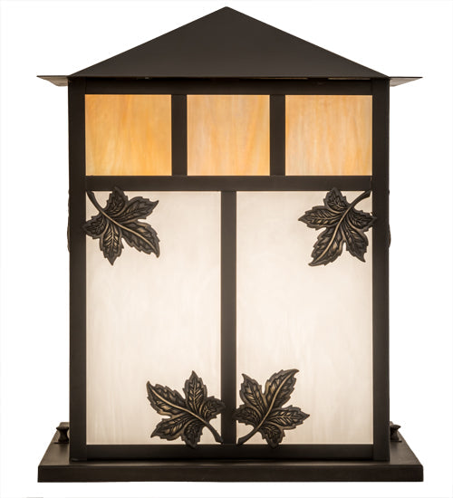 Meyda Lighting Seneca 23" 2-Light Craftsman Brown Maple Leaf Outdoor Pier Mount Light With Beige & White Iridescent Shade Glass