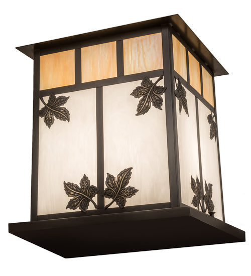 Meyda Lighting Seneca 23" 2-Light Craftsman Brown Maple Leaf Outdoor Pier Mount Light With Beige & White Iridescent Shade Glass