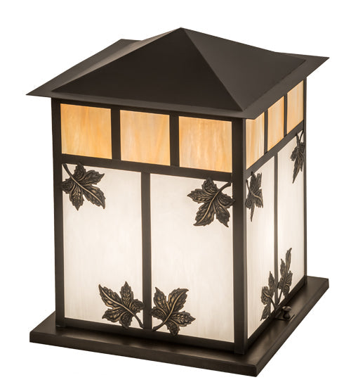Meyda Lighting Seneca 23" 2-Light Craftsman Brown Maple Leaf Outdoor Pier Mount Light With Beige & White Iridescent Shade Glass