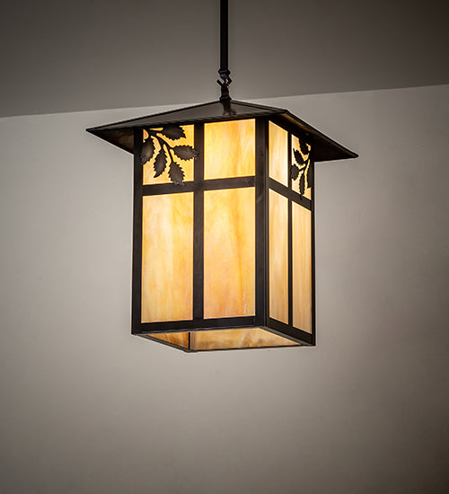 Meyda Lighting Seneca 23" Craftsman Brown Sprig Pendant Light With Beige Iridescent Shade Glass