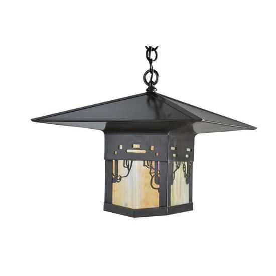 Meyda Lighting Seneca 23" Craftsman Brown Victorian Web Pendant Light With Beige Iridescent Shade Glass