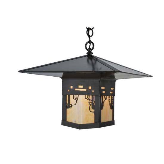 Meyda Lighting Seneca 23" Craftsman Brown Victorian Web Pendant Light With Beige Iridescent Shade Glass