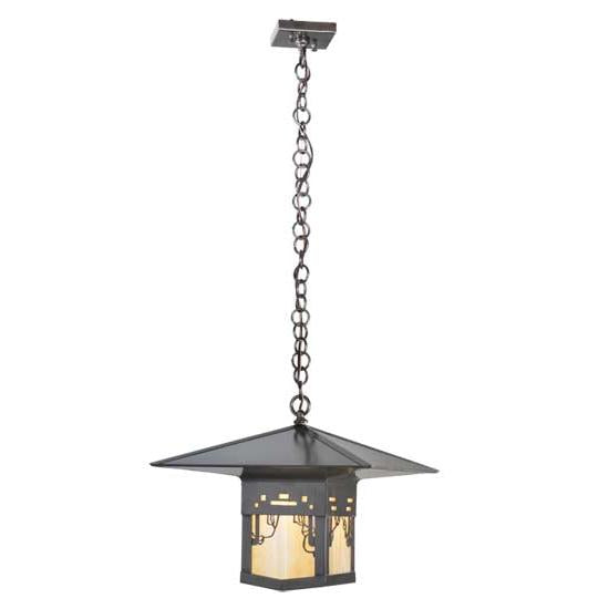 Meyda Lighting Seneca 23" Craftsman Brown Victorian Web Pendant Light With Beige Iridescent Shade Glass