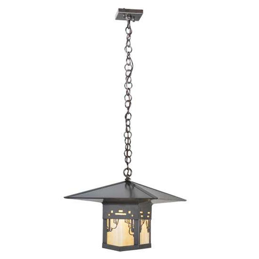 Meyda Lighting Seneca 23" Craftsman Brown Victorian Web Pendant Light With Beige Iridescent Shade Glass