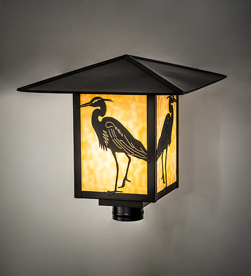 Meyda Lighting Seneca 23" Solar Black Heron Post Mount Light With Beige Art Shade Glass