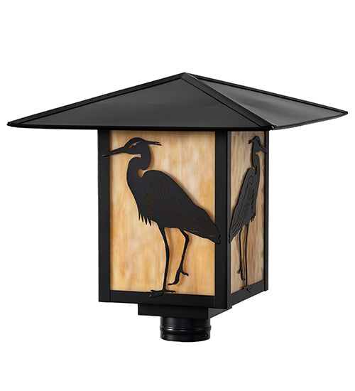Meyda Lighting Seneca 23" Solar Black Heron Post Mount Light With Beige Art Shade Glass