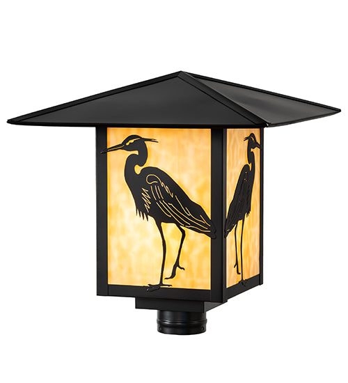 Meyda Lighting Seneca 23" Solar Black Heron Post Mount Light With Beige Art Shade Glass