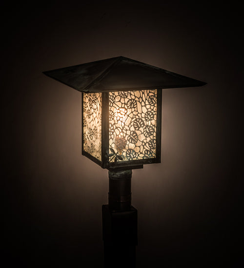 Meyda Lighting Seneca 23" Verdigris Lotus Leaf and Dragonfly Outdoor Post Mount Light With Clear Seeded Shade Glass