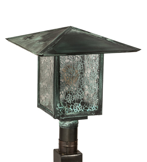 Meyda Lighting Seneca 23" Verdigris Lotus Leaf and Dragonfly Outdoor Post Mount Light With Clear Seeded Shade Glass