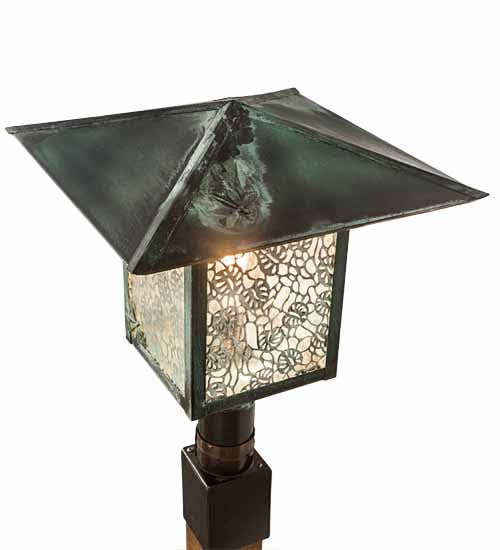 Meyda Lighting Seneca 23" Verdigris Lotus Leaf and Dragonfly Outdoor Post Mount Light With Clear Seeded Shade Glass