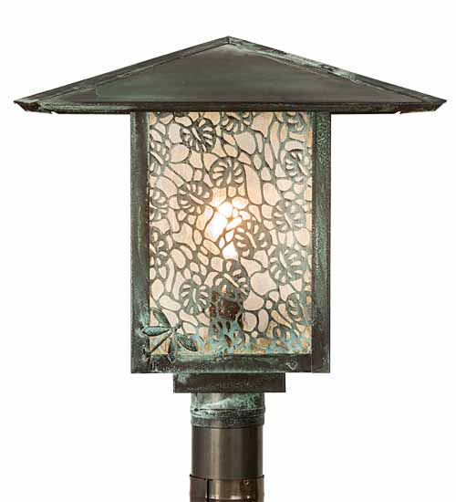 Meyda Lighting Seneca 23" Verdigris Lotus Leaf and Dragonfly Outdoor Post Mount Light With Clear Seeded Shade Glass