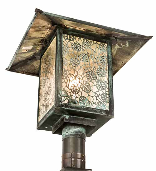 Meyda Lighting Seneca 23" Verdigris Lotus Leaf and Dragonfly Outdoor Post Mount Light With Clear Seeded Shade Glass