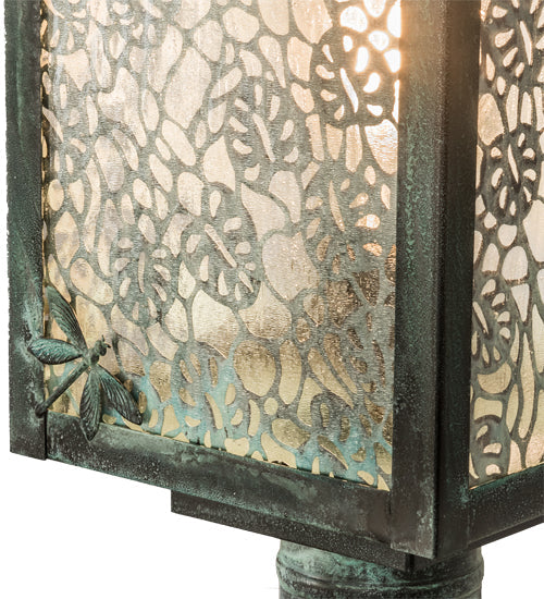Meyda Lighting Seneca 23" Verdigris Lotus Leaf and Dragonfly Outdoor Post Mount Light With Clear Seeded Shade Glass