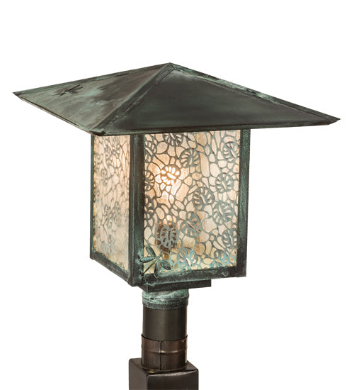 Meyda Lighting Seneca 23" Verdigris Lotus Leaf and Dragonfly Outdoor Post Mount Light With Clear Seeded Shade Glass