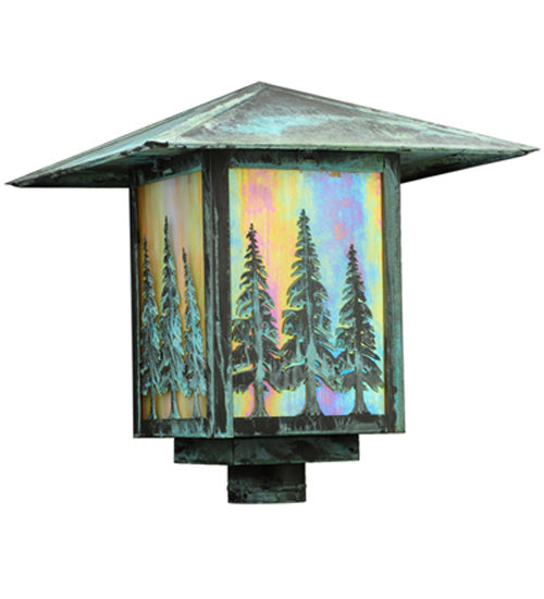 Meyda Lighting Seneca 23" Verdigris Tall Pines Post Mount Light With Beige Iridescent Art Shade Glass