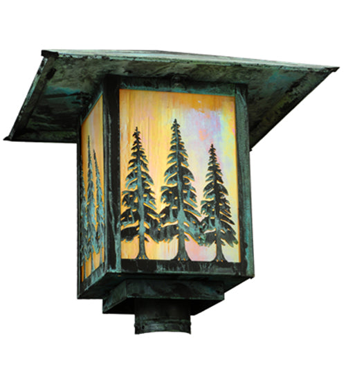 Meyda Lighting Seneca 23" Verdigris Tall Pines Post Mount Light With Beige Iridescent Art Shade Glass