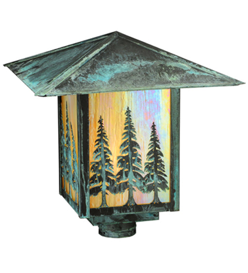 Meyda Lighting Seneca 23" Verdigris Tall Pines Post Mount Light With Beige Iridescent Art Shade Glass