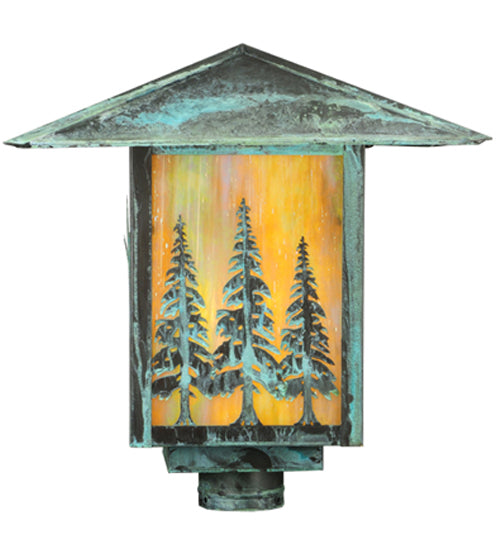 Meyda Lighting Seneca 23" Verdigris Tall Pines Post Mount Light With Beige Iridescent Art Shade Glass