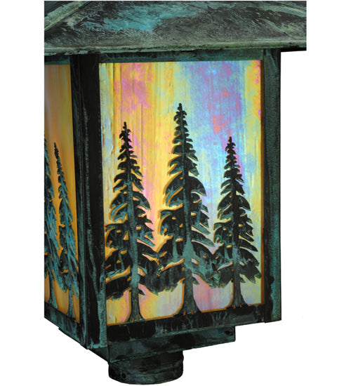 Meyda Lighting Seneca 23" Verdigris Tall Pines Post Mount Light With Beige Iridescent Art Shade Glass