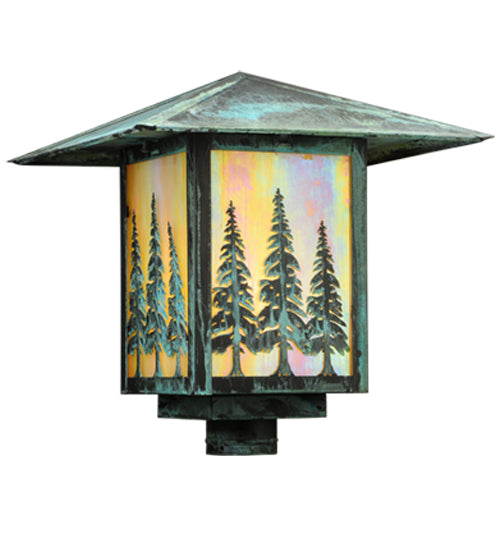 Meyda Lighting Seneca 23" Verdigris Tall Pines Post Mount Light With Beige Iridescent Art Shade Glass
