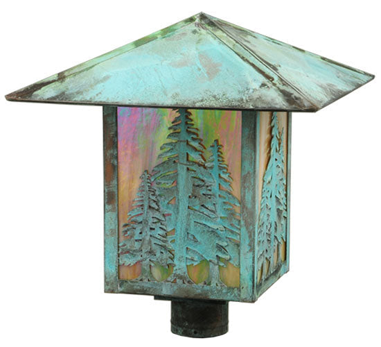 Meyda Lighting Seneca 23" Verdigris Tall Pines Post Mount Light With Beige Iridescent Shade Glass