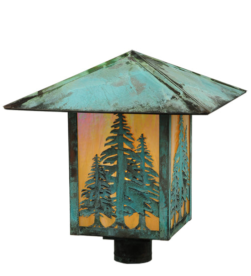 Meyda Lighting Seneca 23" Verdigris Tall Pines Post Mount Light With Beige Iridescent Shade Glass