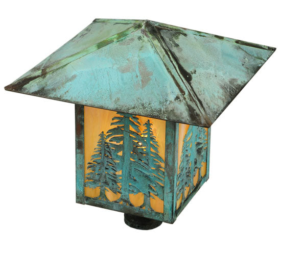 Meyda Lighting Seneca 23" Verdigris Tall Pines Post Mount Light With Beige Iridescent Shade Glass
