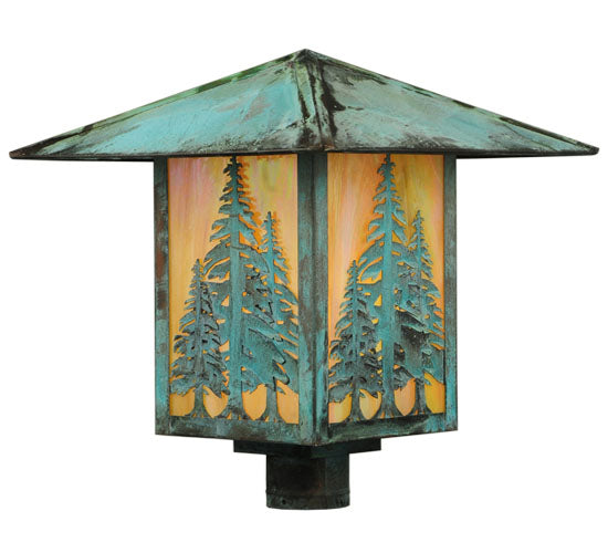 Meyda Lighting Seneca 23" Verdigris Tall Pines Post Mount Light With Beige Iridescent Shade Glass