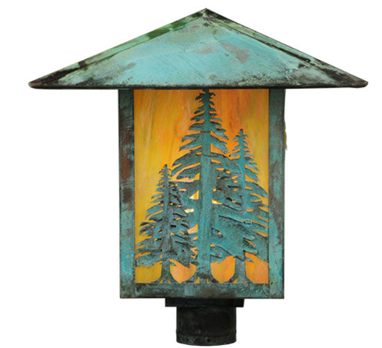 Meyda Lighting Seneca 23" Verdigris Tall Pines Post Mount Light With Beige Iridescent Shade Glass