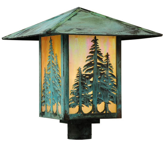 Meyda Lighting Seneca 23" Verdigris Tall Pines Post Mount Light With Beige Iridescent Shade Glass