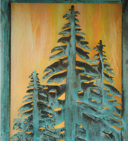 Meyda Lighting Seneca 23" Verdigris Tall Pines Post Mount Light With Beige Iridescent Shade Glass