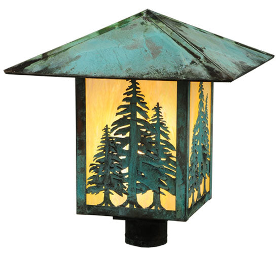 Meyda Lighting Seneca 23" Verdigris Tall Pines Post Mount Light With Beige Iridescent Shade Glass