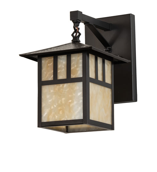 Meyda Lighting Seneca 239611 9" Craftsman Brown "T" Mission Straight Arm Wall Sconce With Beige Art Shade Glass