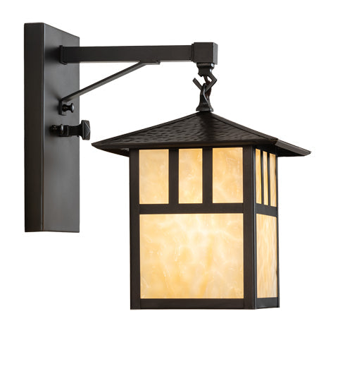 Meyda Lighting Seneca 239611 9" Craftsman Brown "T" Mission Straight Arm Wall Sconce With Beige Art Shade Glass