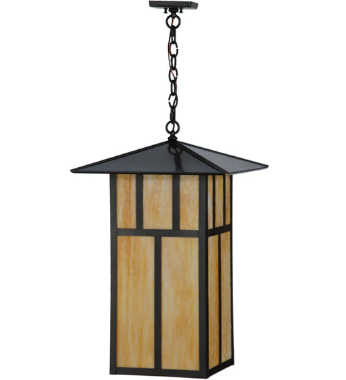 Meyda Lighting Seneca 24" 3-Light Craftsman Brown Double Bar Mission Pendant Light With Beige Art Shade Glass