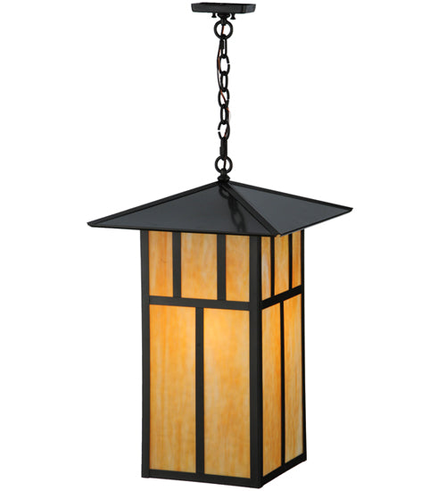 Meyda Lighting Seneca 24" 3-Light Craftsman Brown Double Bar Mission Pendant Light With Beige Art Shade Glass