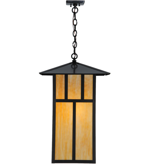 Meyda Lighting Seneca 24" 3-Light Craftsman Brown Double Bar Mission Pendant Light With Beige Art Shade Glass