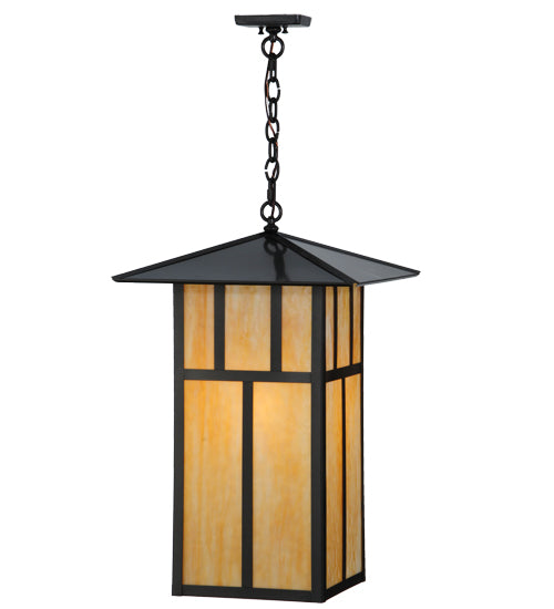 Meyda Lighting Seneca 24" 3-Light Craftsman Brown Double Bar Mission Pendant Light With Beige Art Shade Glass