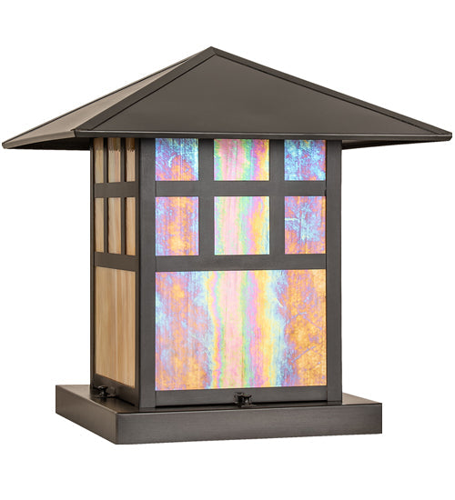 Meyda Lighting Seneca 24" Craftsman Brown On Brass Watchtower Outdoor Pier Mount Light With Beige Iridescent Shade Glass