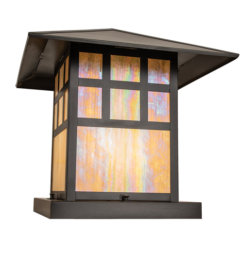 Meyda Lighting Seneca 24" Craftsman Brown On Brass Watchtower Outdoor Pier Mount Light With Beige Iridescent Shade Glass