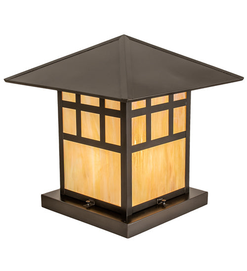 Meyda Lighting Seneca 24" Craftsman Brown On Brass Watchtower Outdoor Pier Mount Light With Beige Iridescent Shade Glass