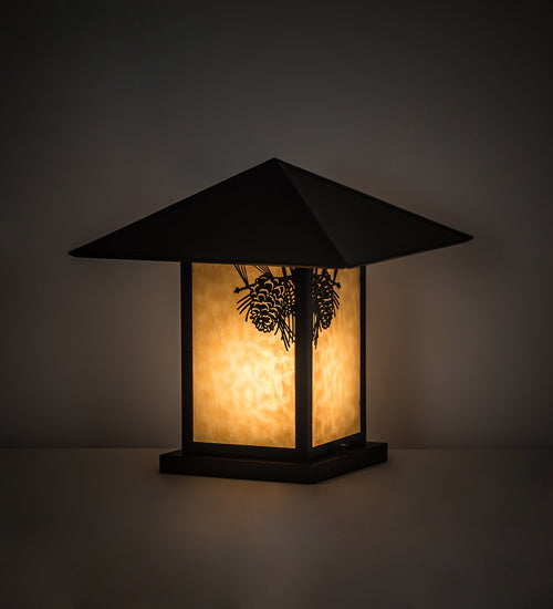 Meyda Lighting Seneca 24" Craftsman Brown Winter Pine Outdoor Pier Mount Light With Beige Art Shade Glass